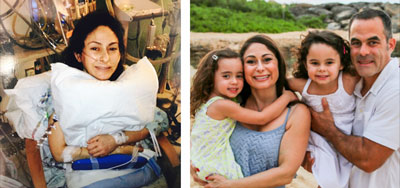 Marla (left) receiving treatment, and Marla (right) with her family, at full recovery.